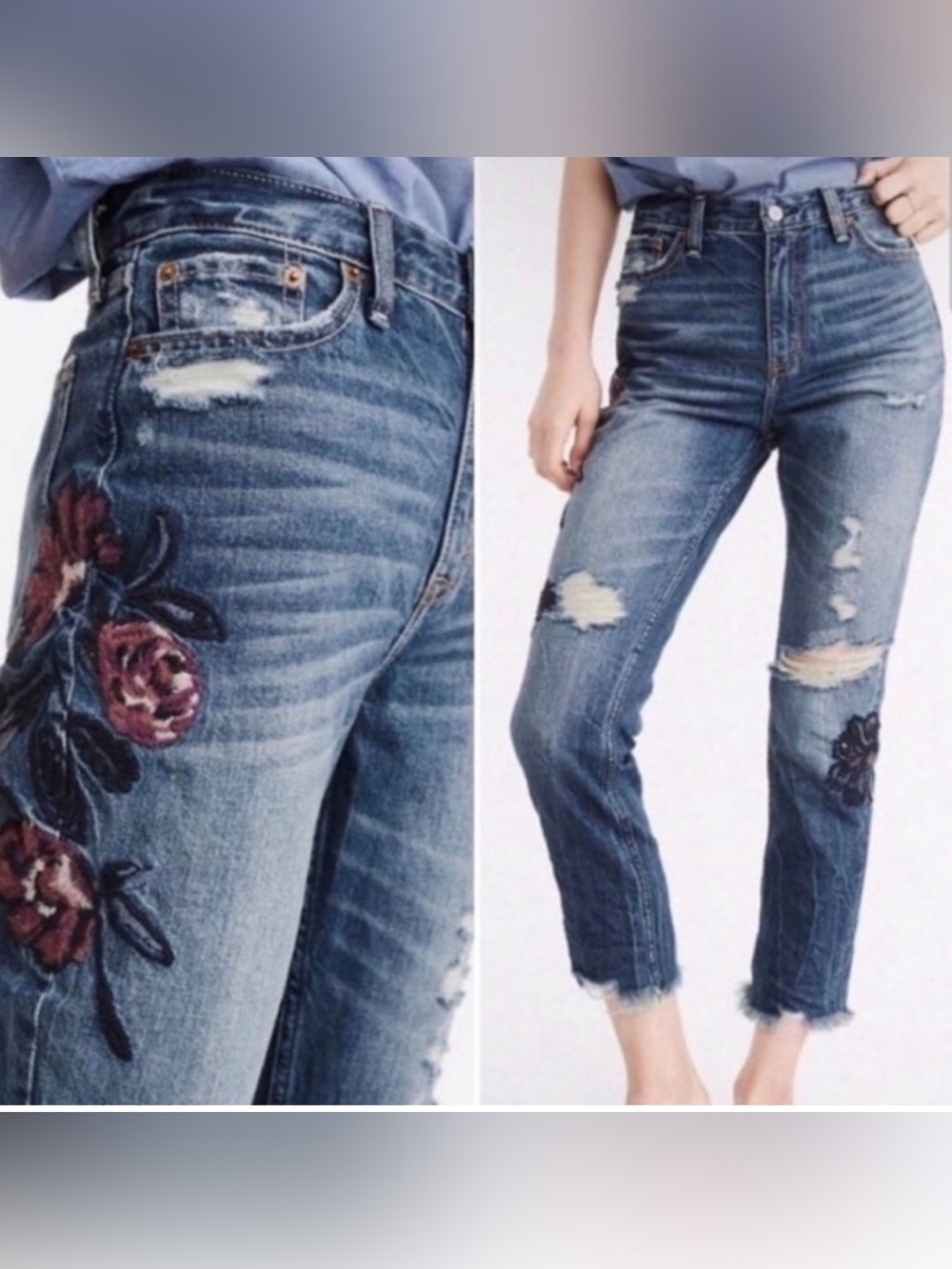 Abercrombie & Fitch Annie Girlfriend Jeans w/ Boho Floral Embroidery 00 / 24